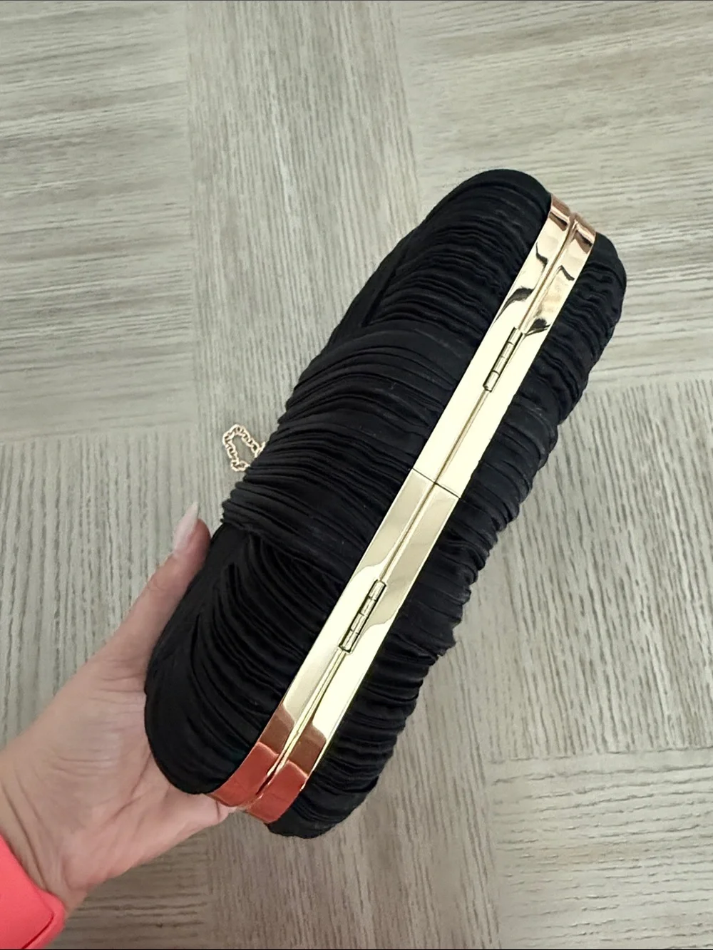 Elegant Black Ruched Evening Clutch with Gold Frame